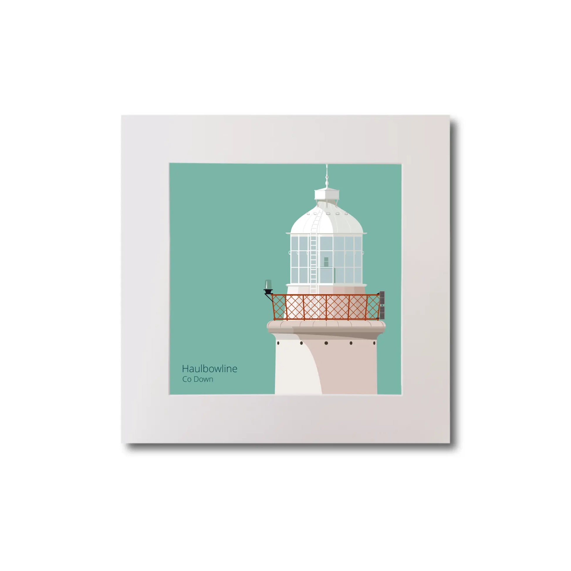 Illustration of Haulbowline lighthouse on an ocean green background, mounted and measuring 20x20cm.