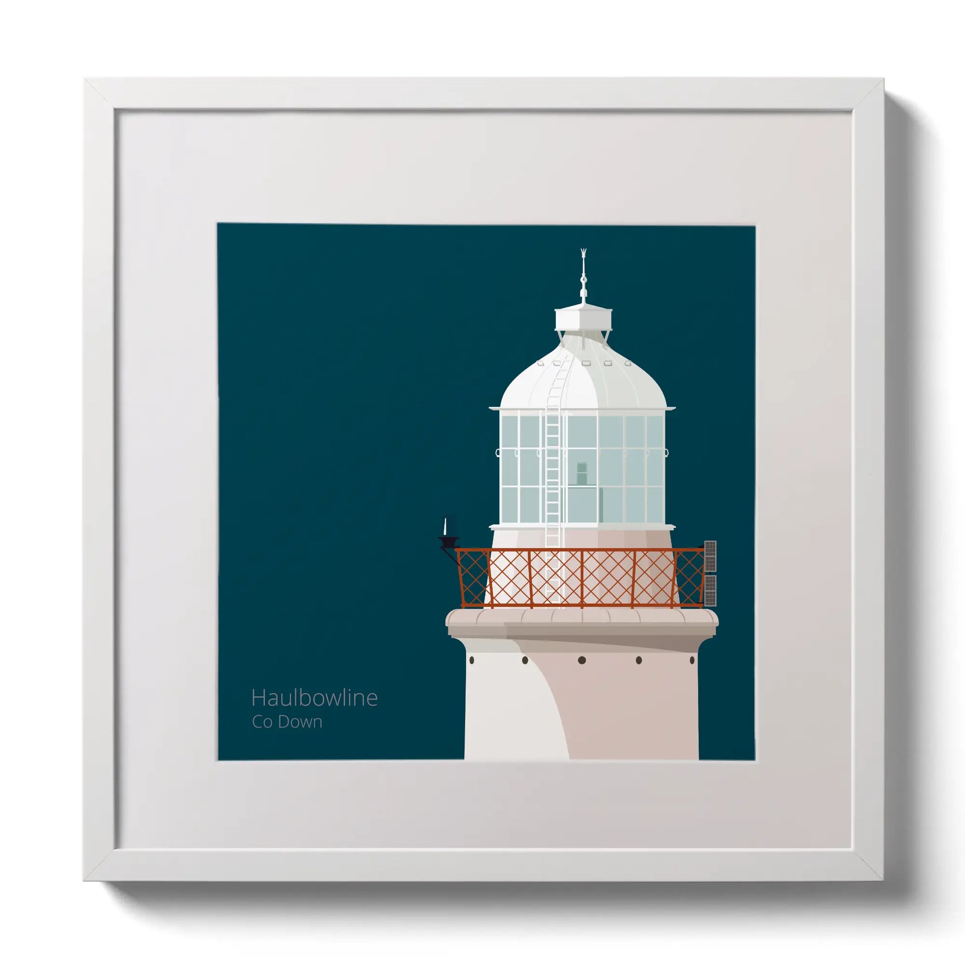 Illustration of Haulbowline lighthouse on a midnight blue background,  in a white square frame measuring 30x30cm.