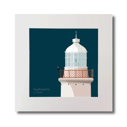 Illustration of Haulbowline lighthouse on a midnight blue background, mounted and measuring 30x30cm.