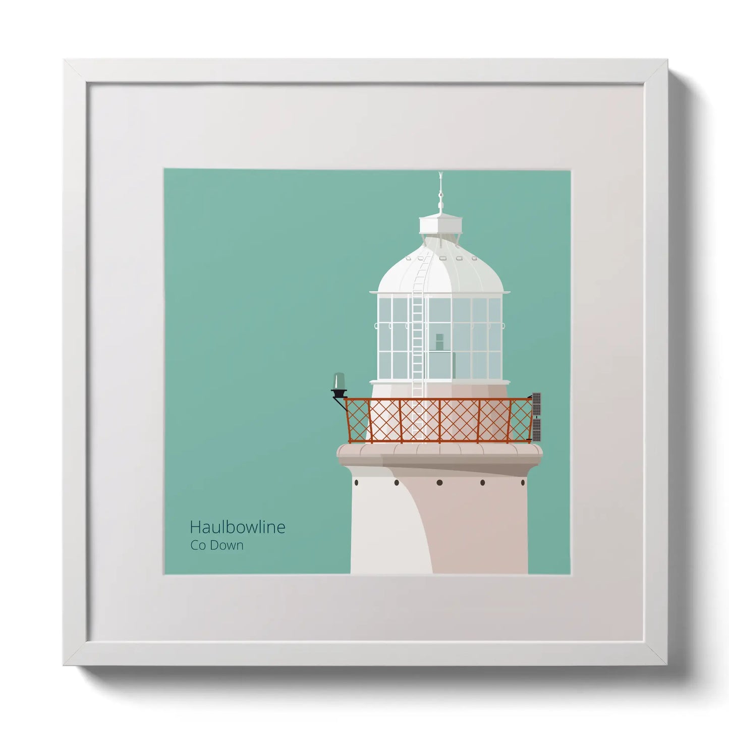 Illustration of Haulbowline lighthouse on an ocean green background,  in a white square frame measuring 30x30cm.
