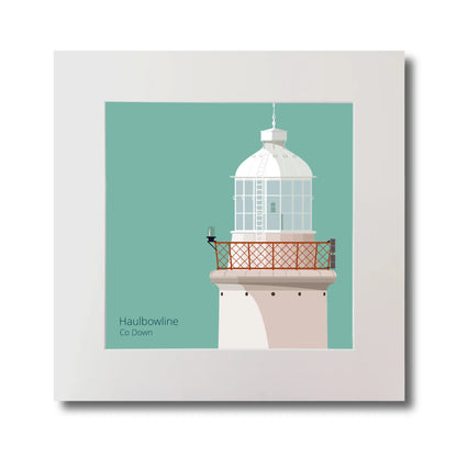 Illustration of Haulbowline lighthouse on an ocean green background, mounted and measuring 30x30cm.