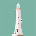Illustration of Haulbowline lighthouse on a white background inside light blue square.