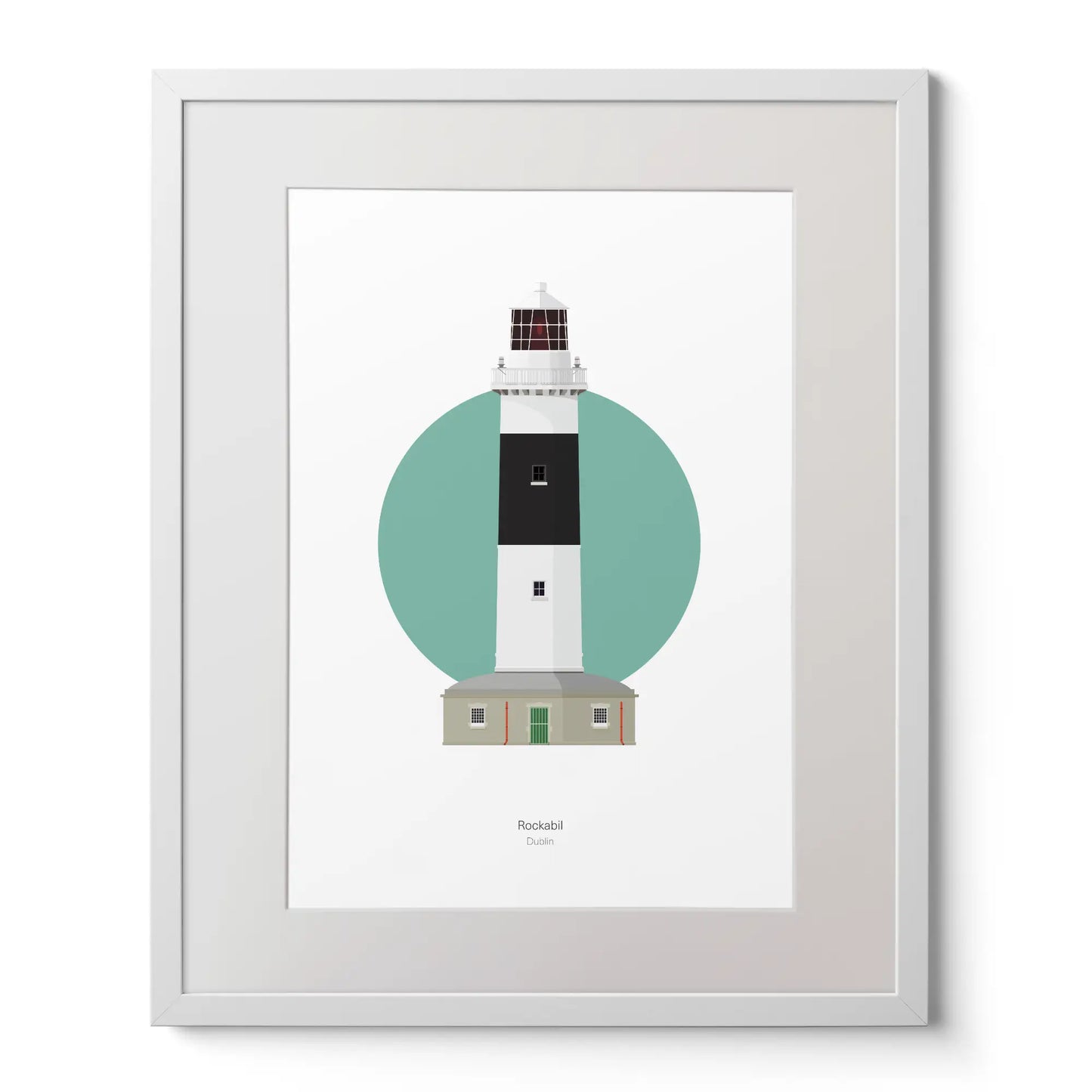 Wall hanging of Rockabill lighthouse on a white background inside light blue square,  in a white frame measuring 40x50cm.