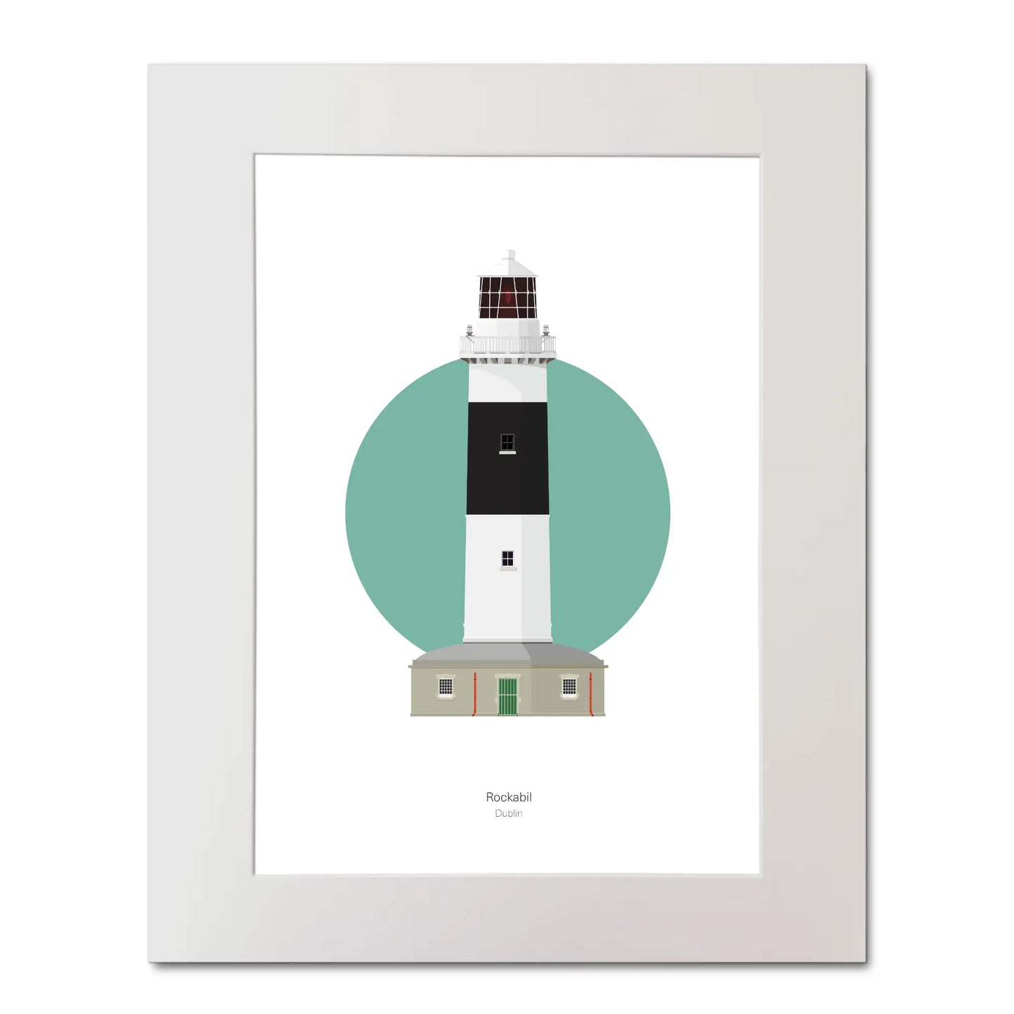 Illustration of Rockabill lighthouse on a white background inside light blue square, mounted and measuring 40x50cm.