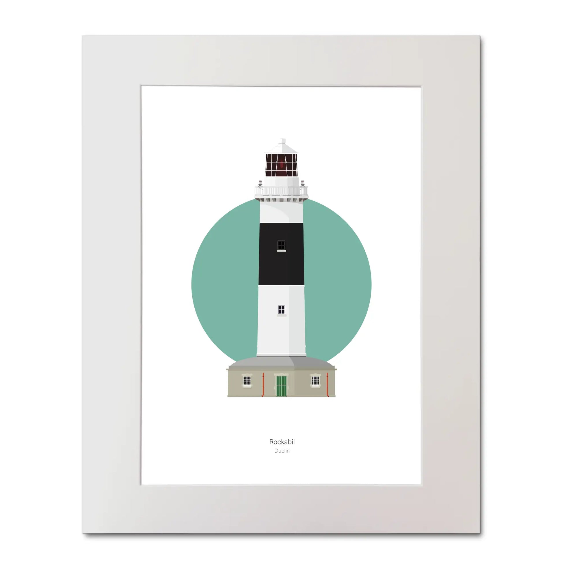 Illustration of Rockabill lighthouse on a white background inside light blue square, mounted and measuring 40x50cm.