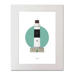 Illustration of Rockabill lighthouse on a white background inside light blue square, mounted and measuring 40x50cm.