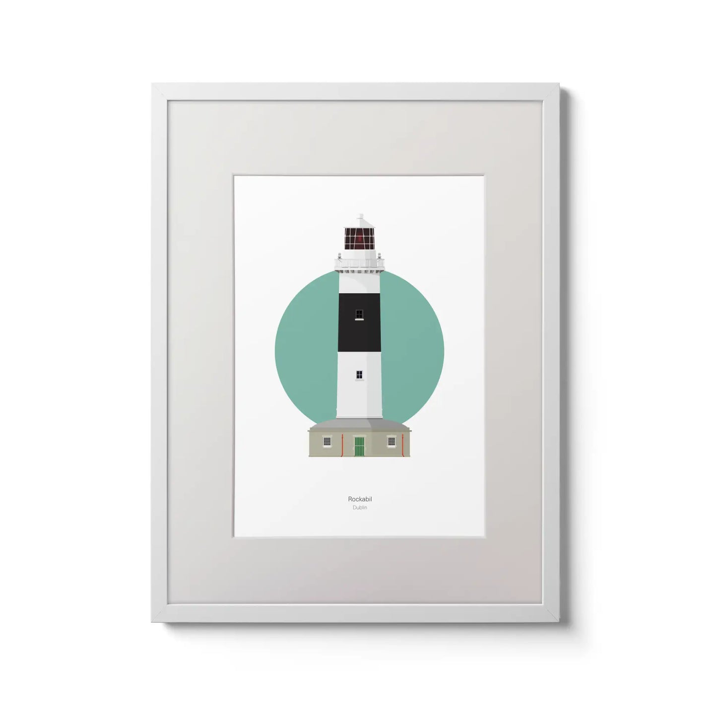 Wall hanging of Rockabill lighthouse on a white background inside light blue square,  in a white frame measuring 30x40cm.