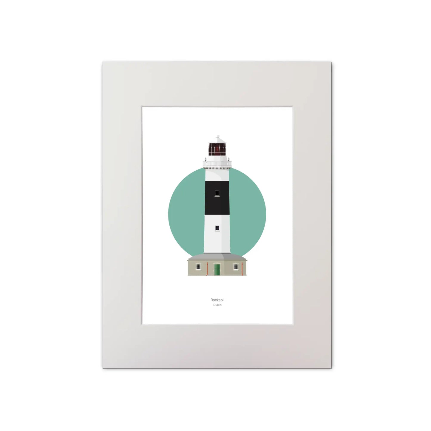 Illustration of Rockabill lighthouse on a white background inside light blue square, mounted and measuring 30x40cm.