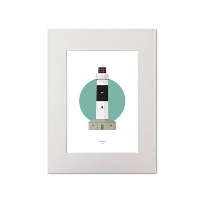 Illustration of Rockabill lighthouse on a white background inside light blue square, mounted and measuring 30x40cm.