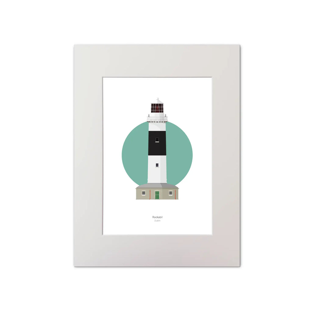 Illustration of Rockabill lighthouse on a white background inside light blue square, mounted and measuring 30x40cm.