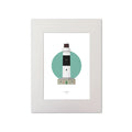 Illustration of Rockabill lighthouse on a white background inside light blue square, mounted and measuring 30x40cm.