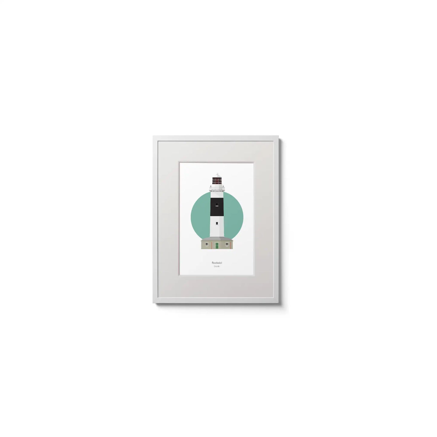 Illustration of Rockabill lighthouse on a white background inside light blue square,  in a white frame measuring 15x20cm.