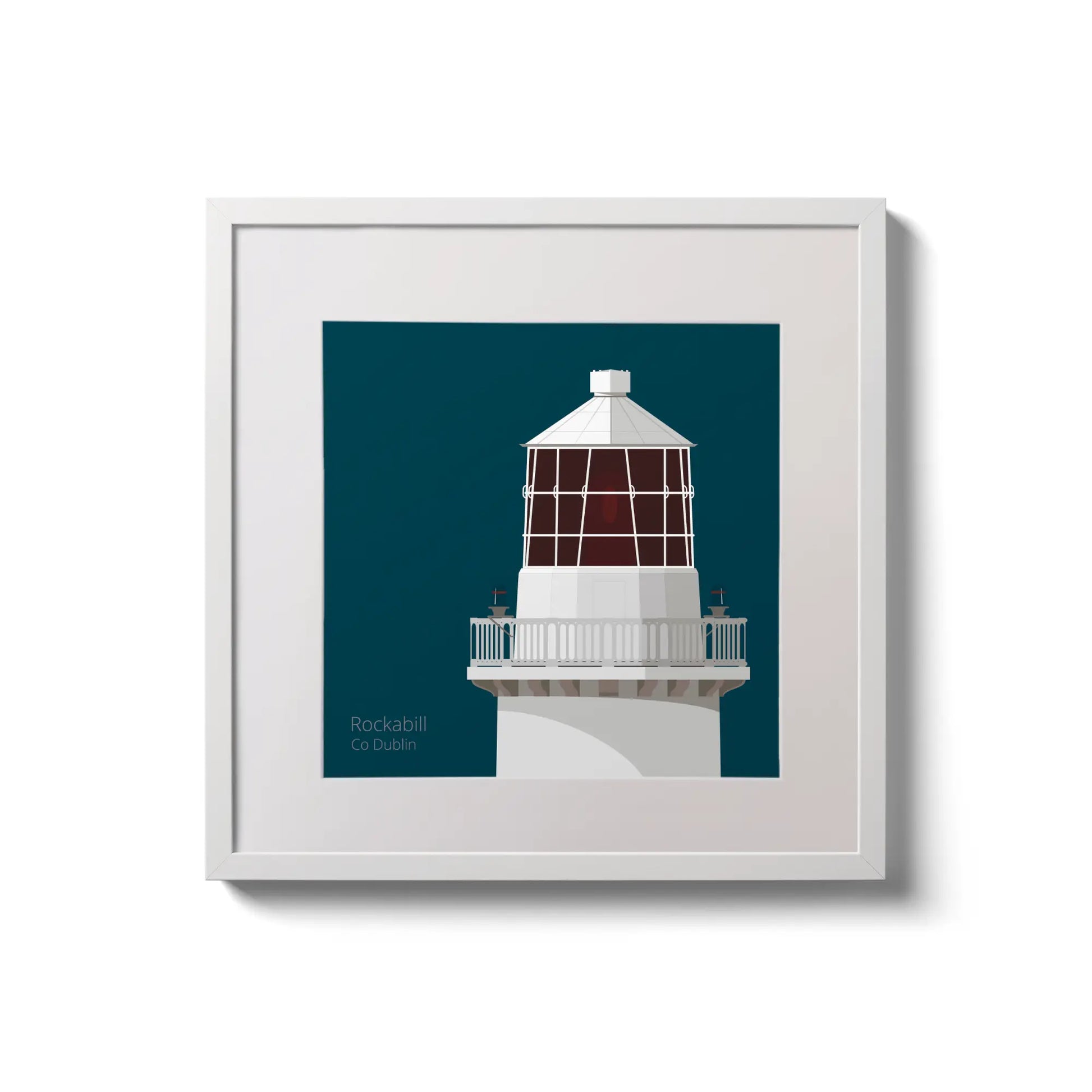 Illustration of Rockabill lighthouse on a midnight blue background,  in a white square frame measuring 20x20cm.