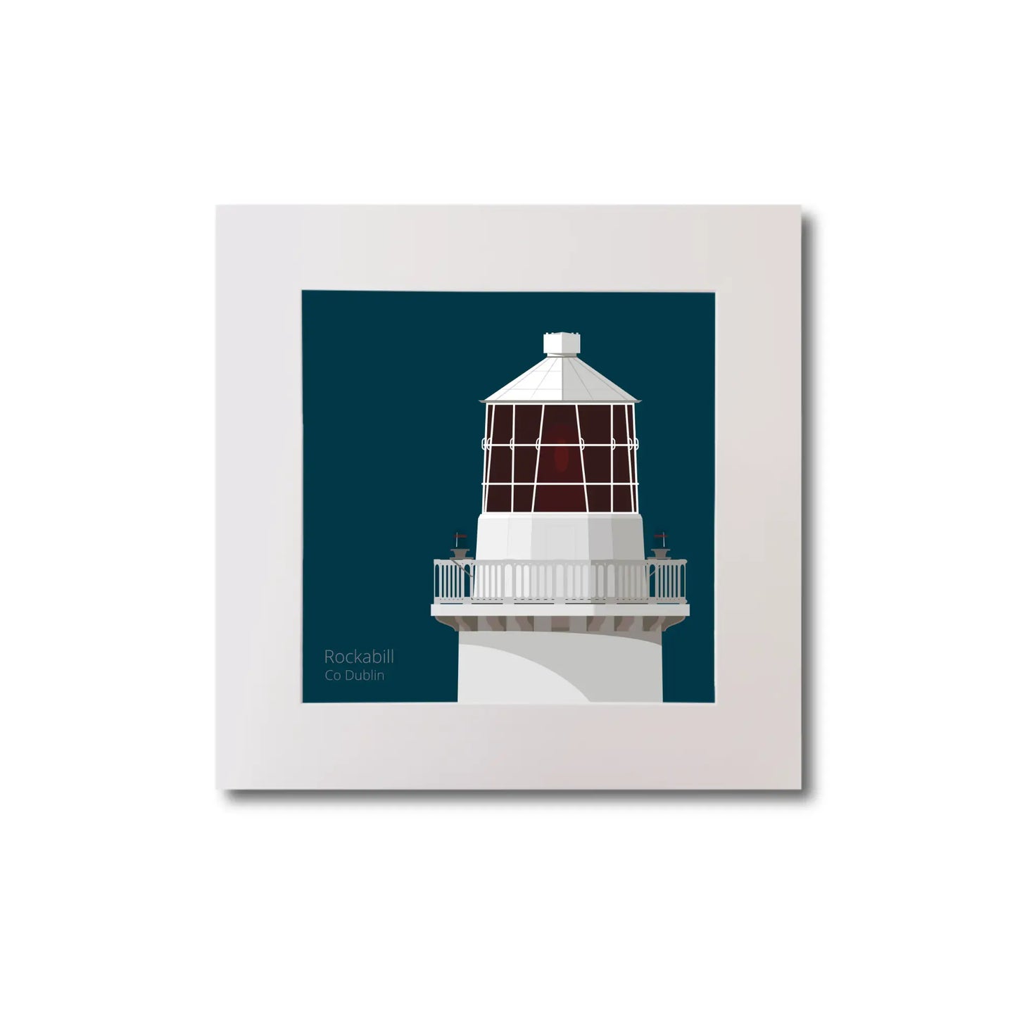 Illustration of Rockabill lighthouse on a midnight blue background, mounted and measuring 20x20cm.