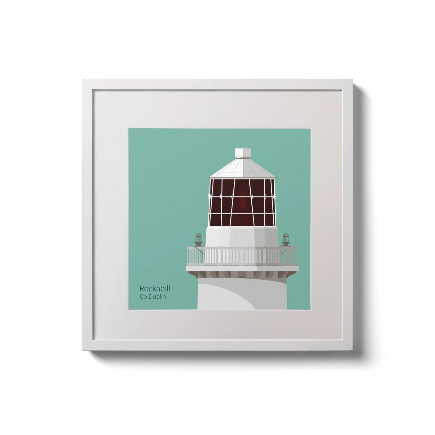 Illustration of Rockabill lighthouse on an ocean green background,  in a white square frame measuring 20x20cm.