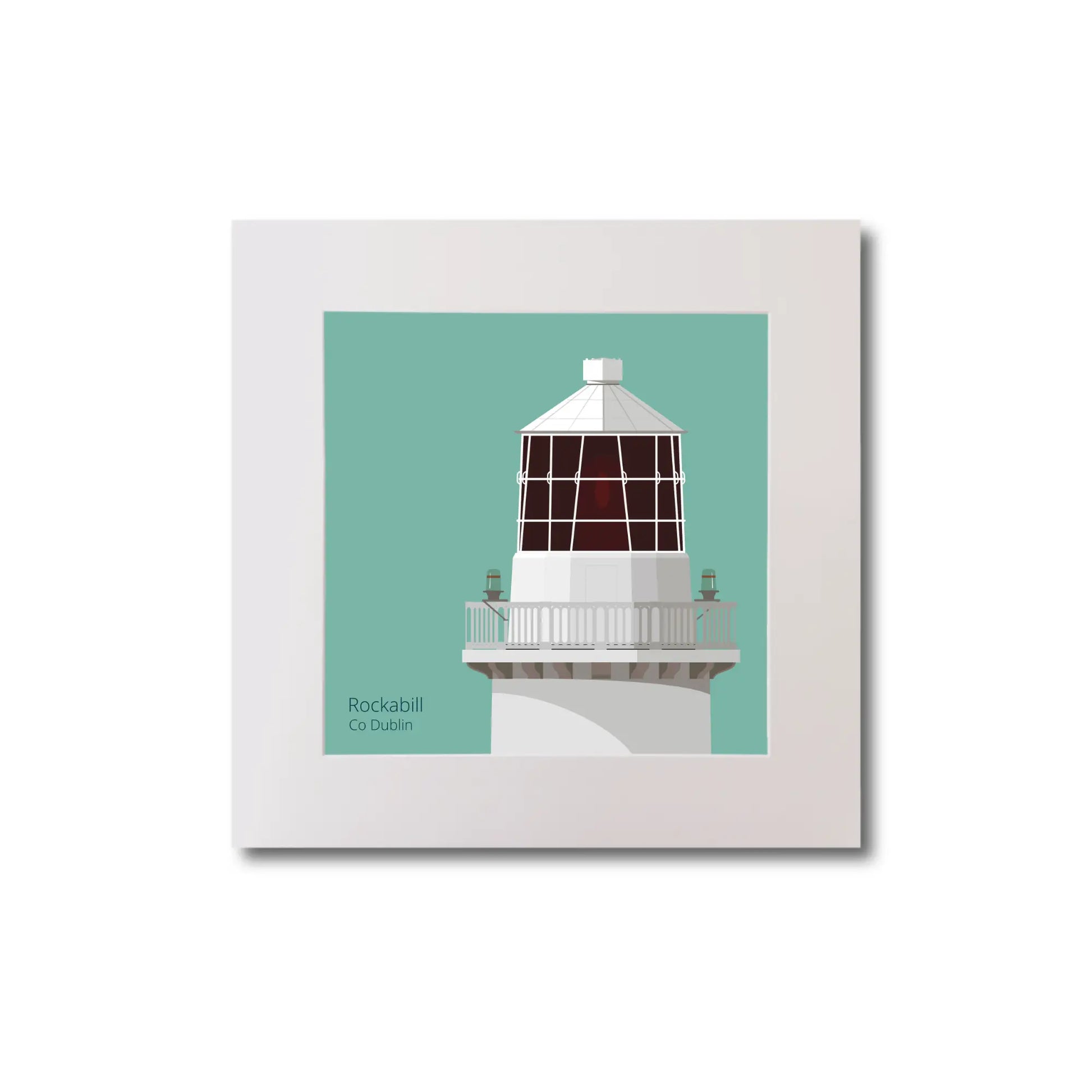 Illustration of Rockabill lighthouse on an ocean green background, mounted and measuring 20x20cm.