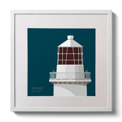 Illustration of Rockabill lighthouse on a midnight blue background,  in a white square frame measuring 30x30cm.