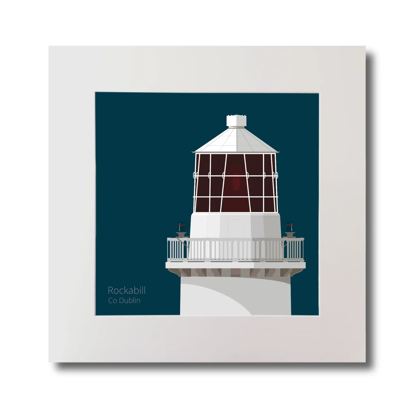 Illustration of Rockabill lighthouse on a midnight blue background, mounted and measuring 30x30cm.