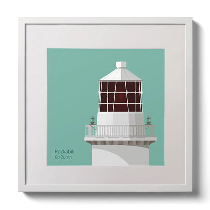 Illustration of Rockabill lighthouse on an ocean green background,  in a white square frame measuring 30x30cm.