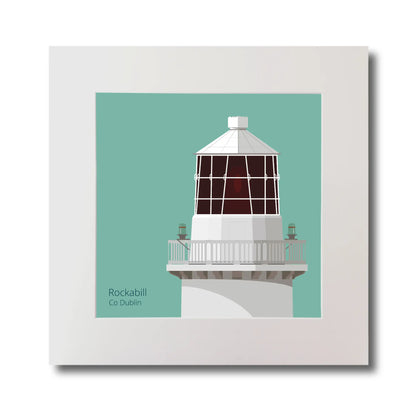 Illustration of Rockabill lighthouse on an ocean green background, mounted and measuring 30x30cm.