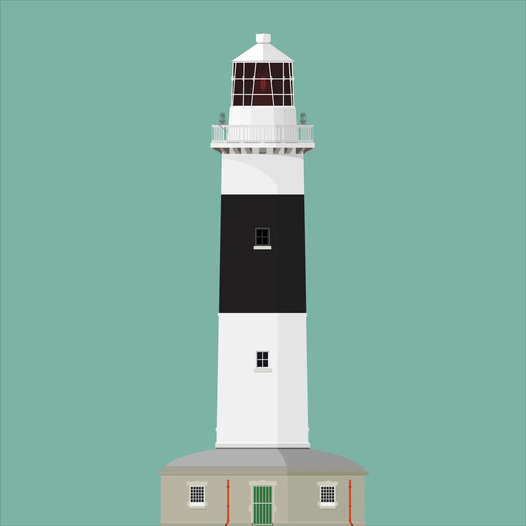 Illustration of Rockabill lighthouse on a white background inside light blue square.
