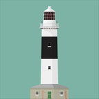 Illustration of Rockabill lighthouse on a white background inside light blue square.