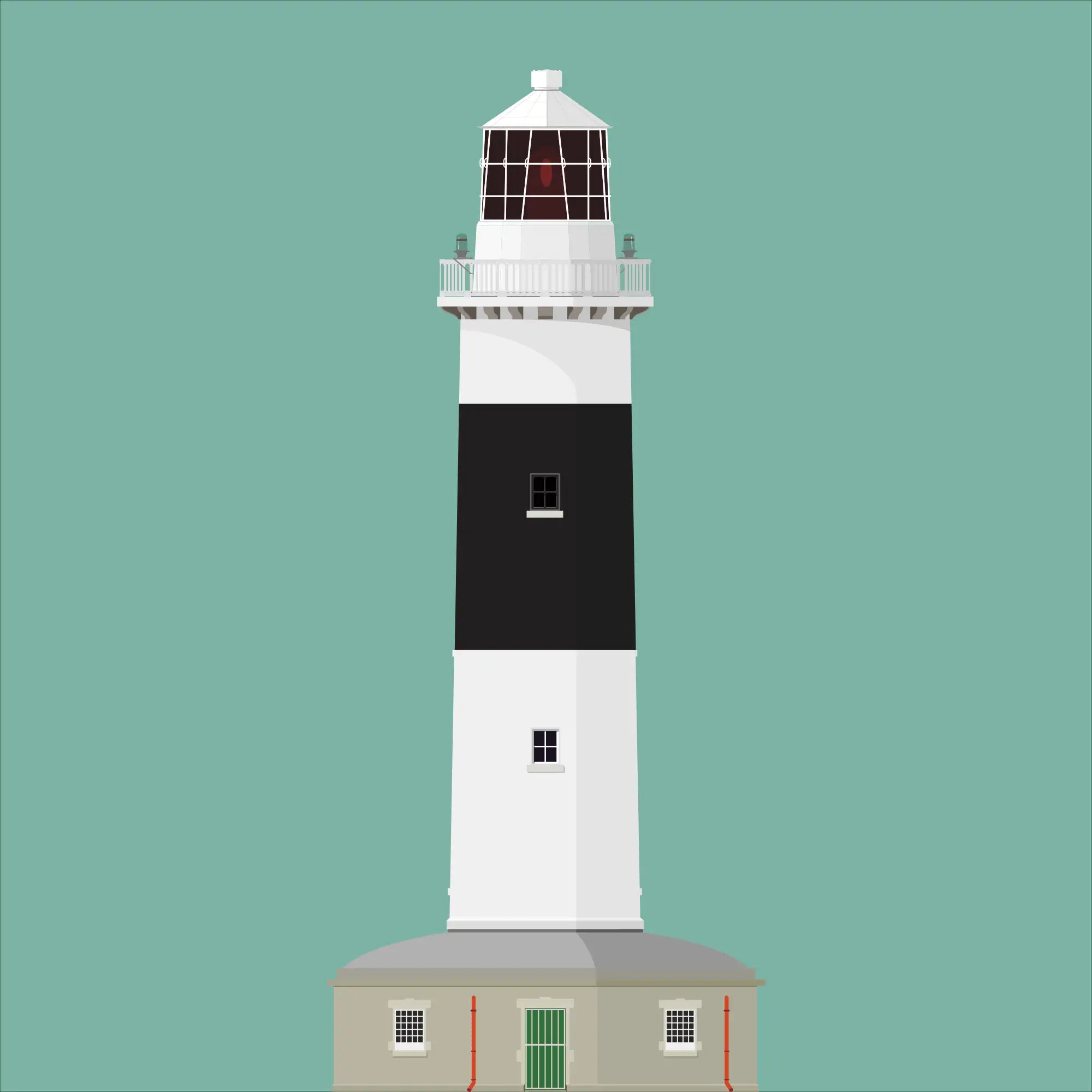 Illustration of Rockabill lighthouse on a white background inside light blue square.