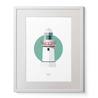 Wall hanging of Wicklow New lighthouse on a white background inside light blue square,  in a white frame measuring 40x50cm.