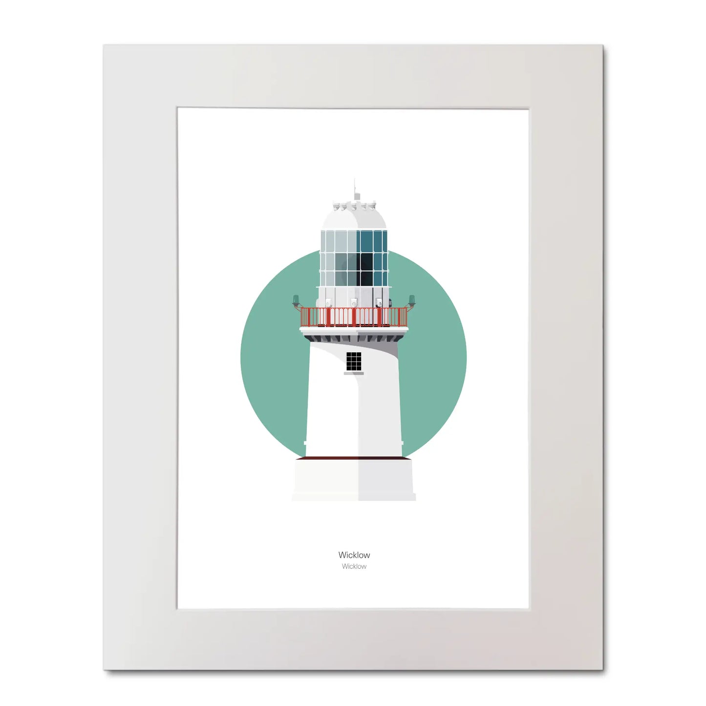 Illustration of Wicklow New lighthouse on a white background inside light blue square, mounted and measuring 40x50cm.