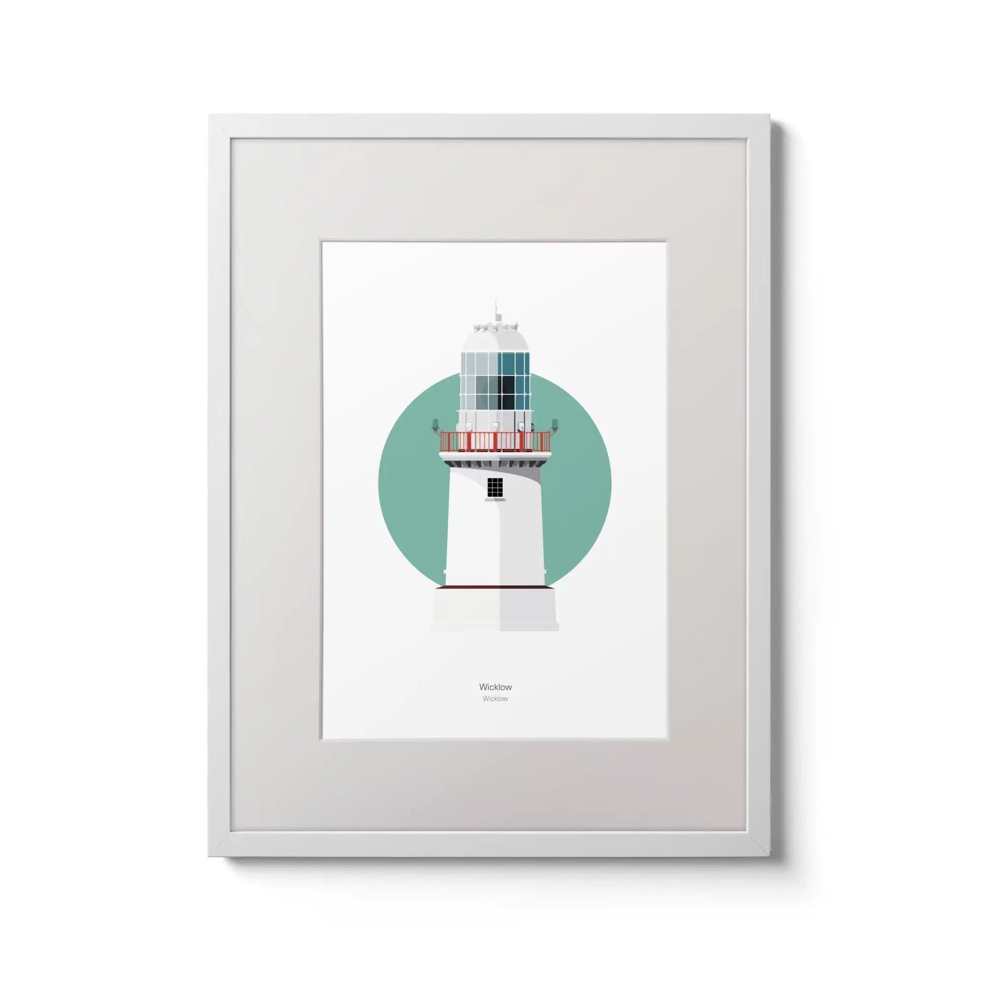 Wall hanging of Wicklow New lighthouse on a white background inside light blue square,  in a white frame measuring 30x40cm.