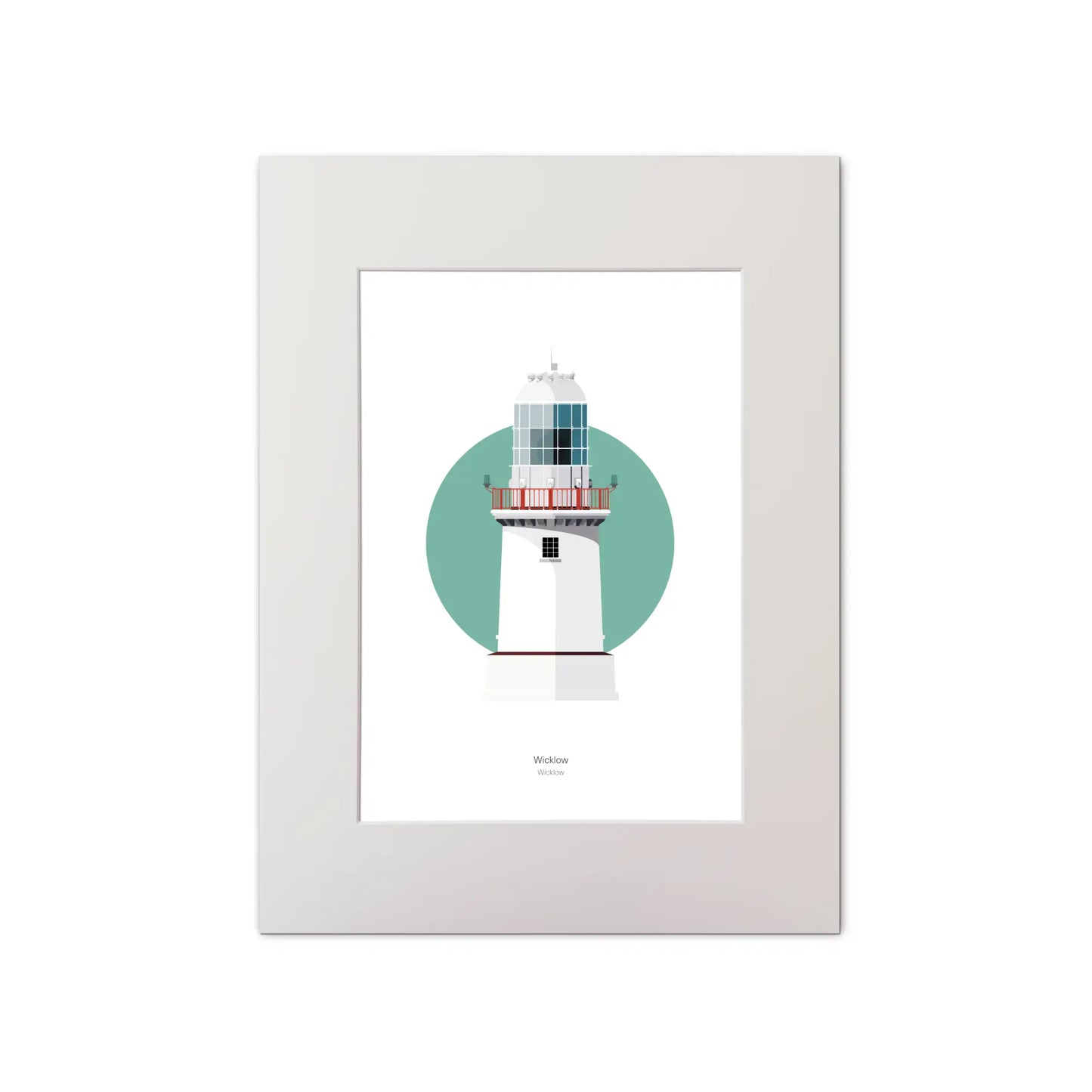 Illustration of Wicklow New lighthouse on a white background inside light blue square, mounted and measuring 30x40cm.