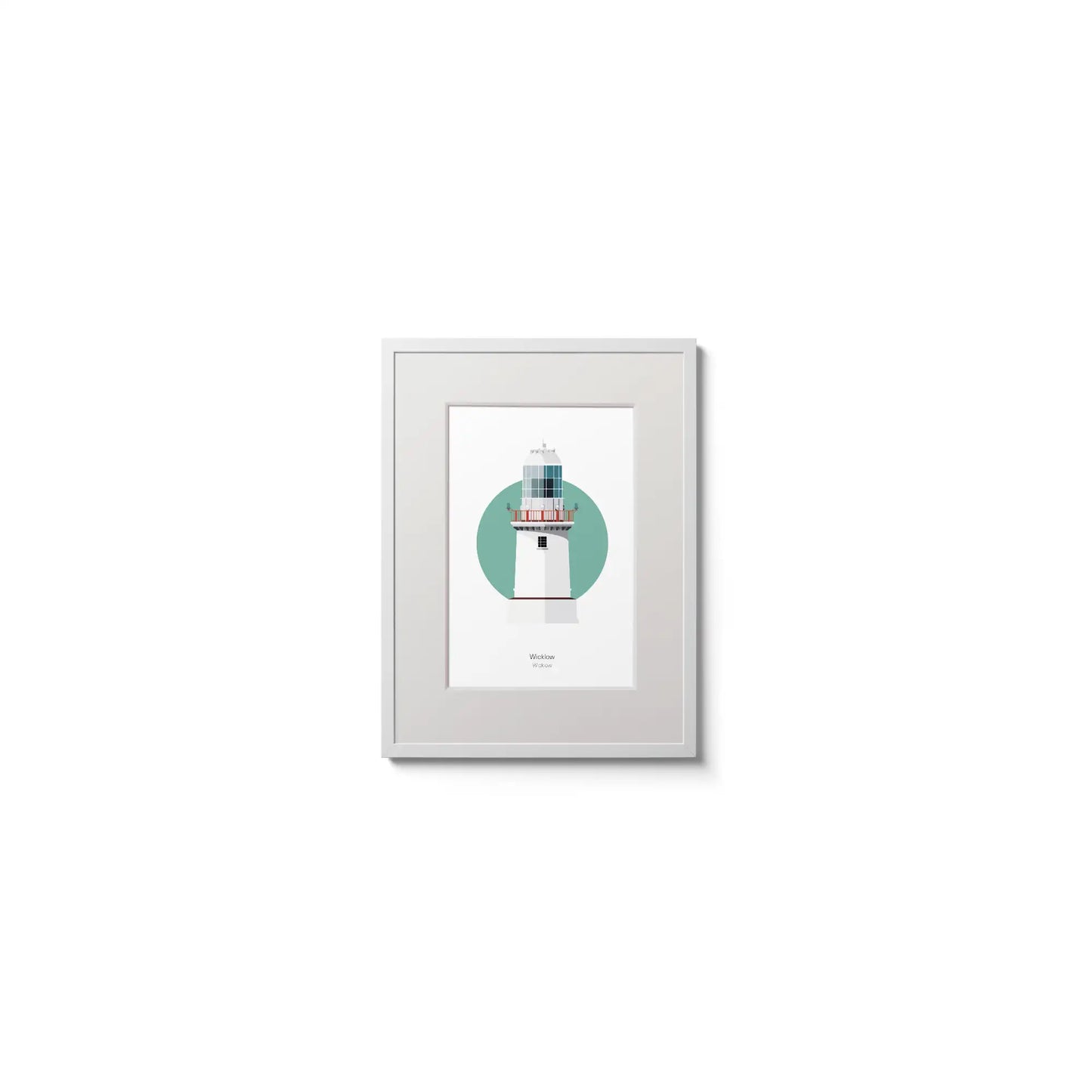 Illustration of Wicklow New lighthouse on a white background inside light blue square,  in a white frame measuring 15x20cm.