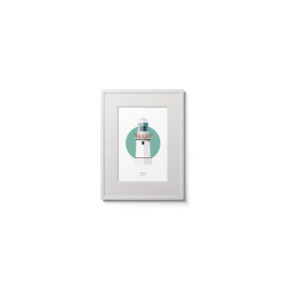 Illustration of Wicklow New lighthouse on a white background inside light blue square,  in a white frame measuring 15x20cm.