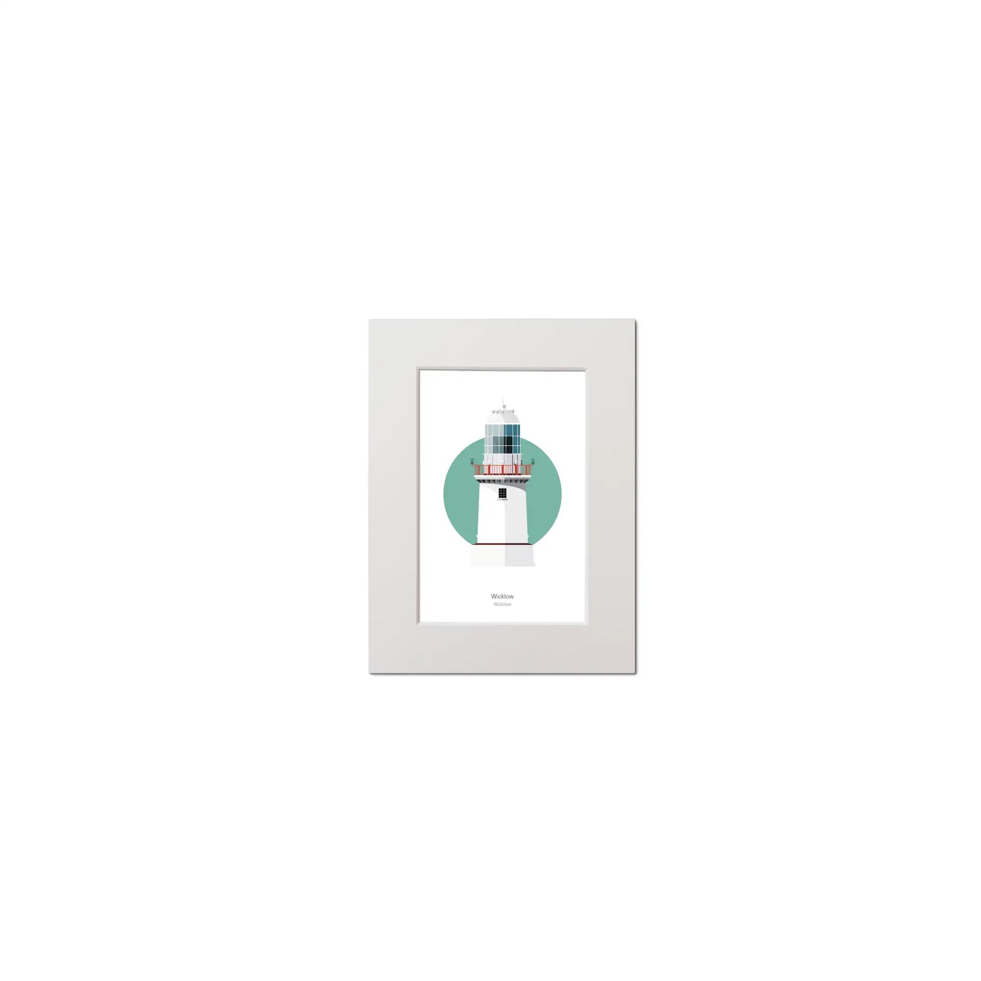 Wall hanging of Wicklow New lighthouse on a white background inside light blue square, mounted and measuring 15x20cm.