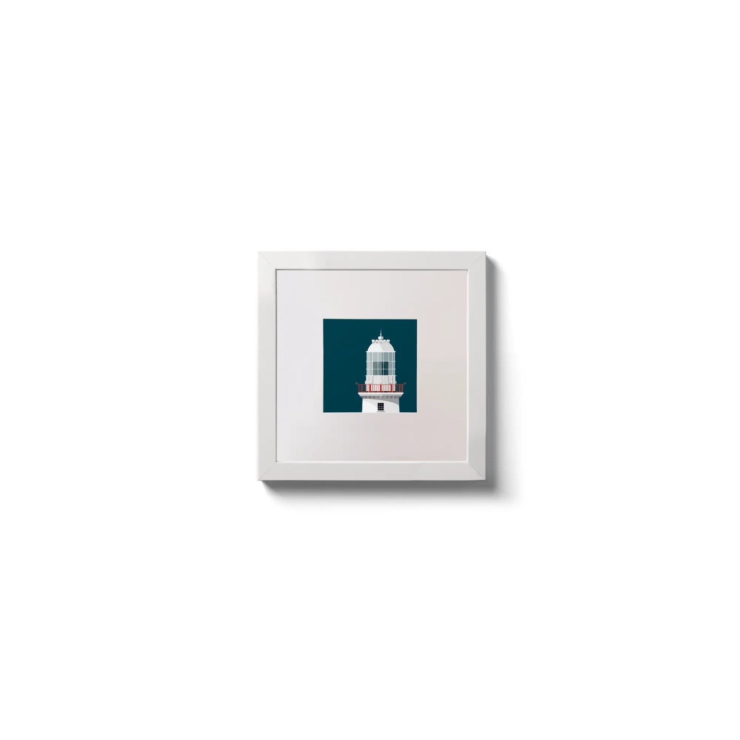 Illustration of Valentia Island lighthouse on a midnight blue background,  in a white square frame measuring 10x10cm.