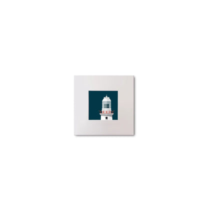 Illustration of Valentia Island lighthouse on a midnight blue background, mounted and measuring 10x10cm.