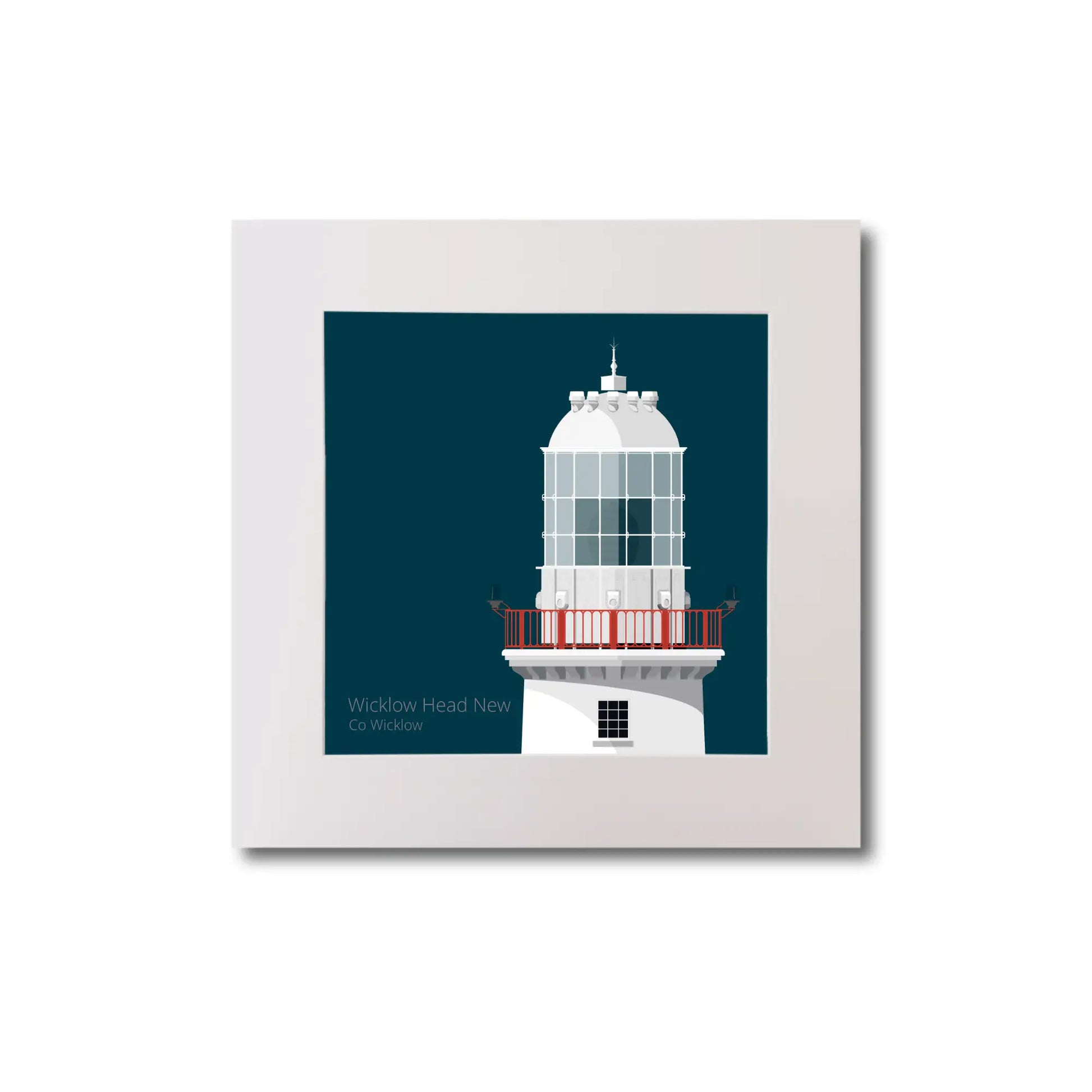 Illustration of Valentia Island lighthouse on a midnight blue background, mounted and measuring 20x20cm.