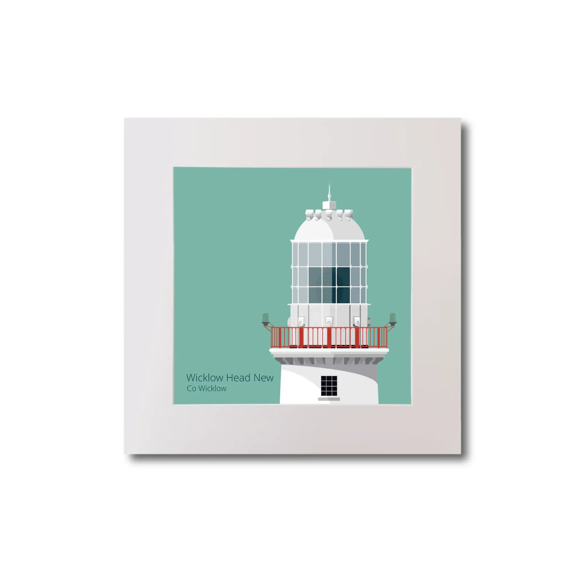Illustration of Valentia Island lighthouse on an ocean green background, mounted and measuring 20x20cm.