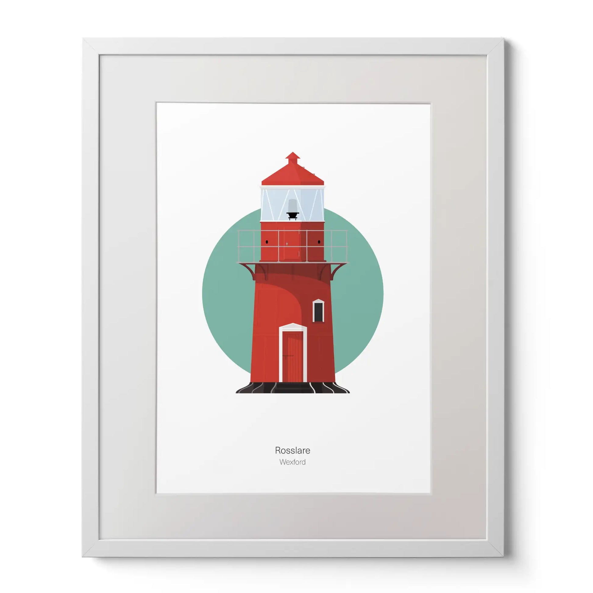 Wall hanging of Rosslare Harbour lighthouse on a white background inside light blue square,  in a white frame measuring 40x50cm.