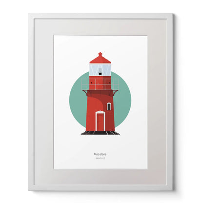Wall hanging of Rosslare Harbour lighthouse on a white background inside light blue square,  in a white frame measuring 40x50cm.