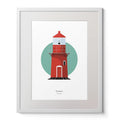 Wall hanging of Rosslare Harbour lighthouse on a white background inside light blue square,  in a white frame measuring 40x50cm.