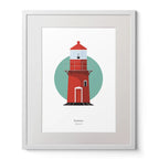 Wall hanging of Rosslare Harbour lighthouse on a white background inside light blue square,  in a white frame measuring 40x50cm.