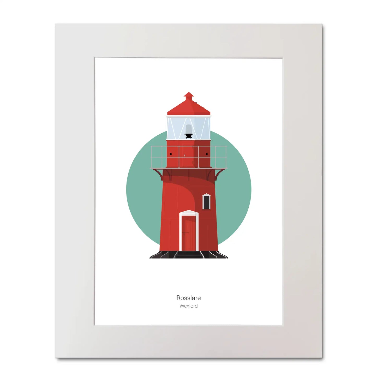 Illustration of Rosslare Harbour lighthouse on a white background inside light blue square, mounted and measuring 40x50cm.