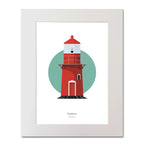 Illustration of Rosslare Harbour lighthouse on a white background inside light blue square, mounted and measuring 40x50cm.