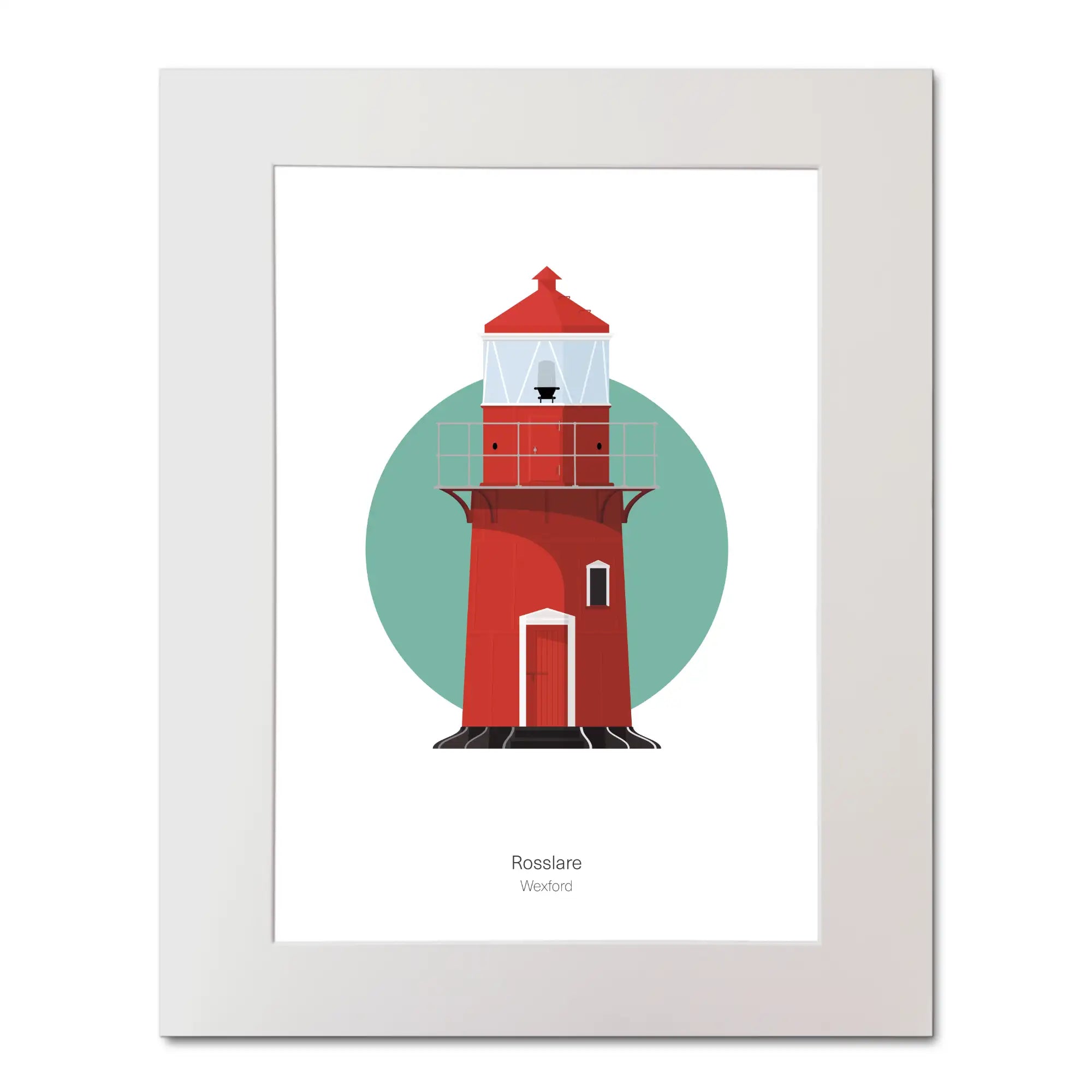 Illustration of Rosslare Harbour lighthouse on a white background inside light blue square, mounted and measuring 40x50cm.