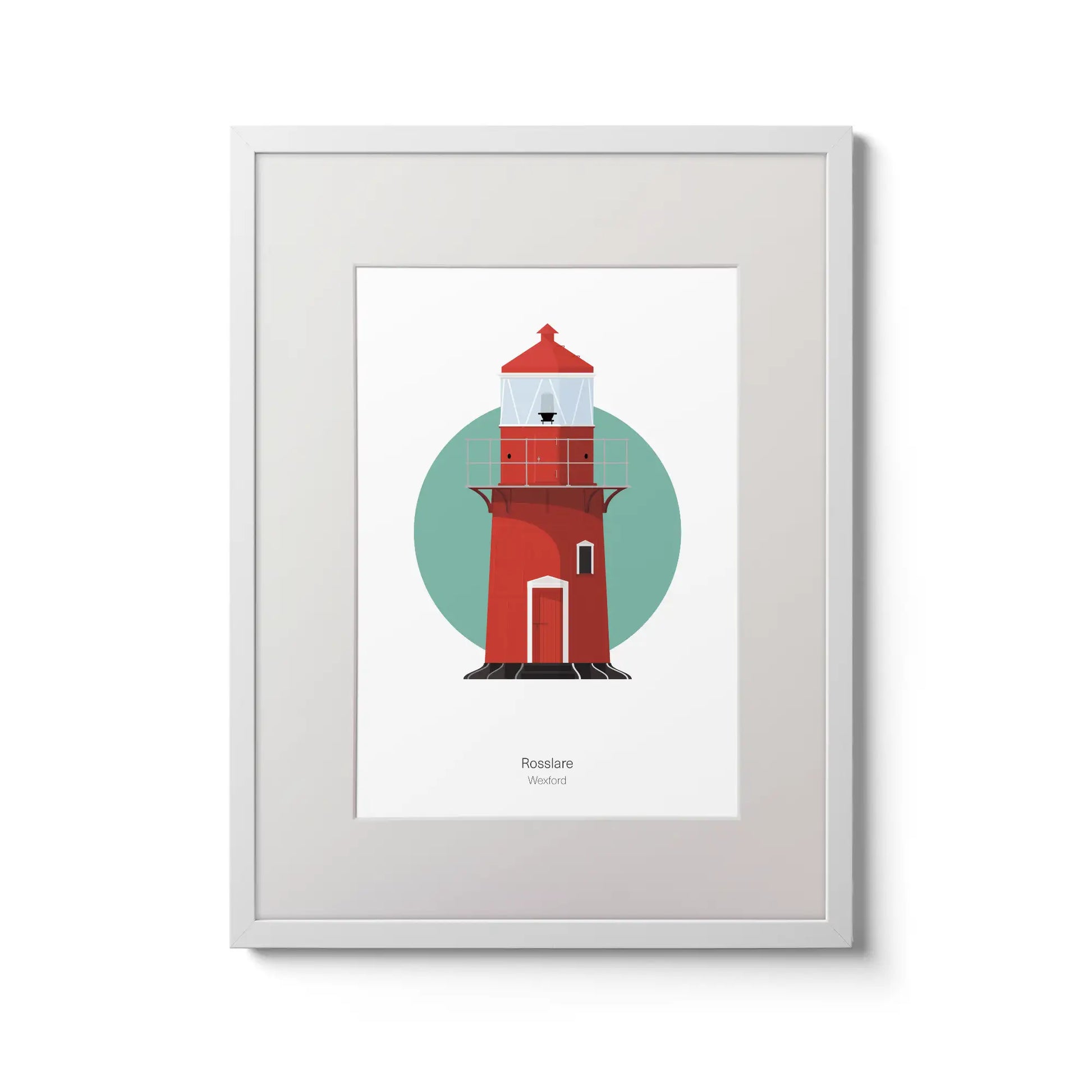Wall hanging of Rosslare Harbour lighthouse on a white background inside light blue square,  in a white frame measuring 30x40cm.