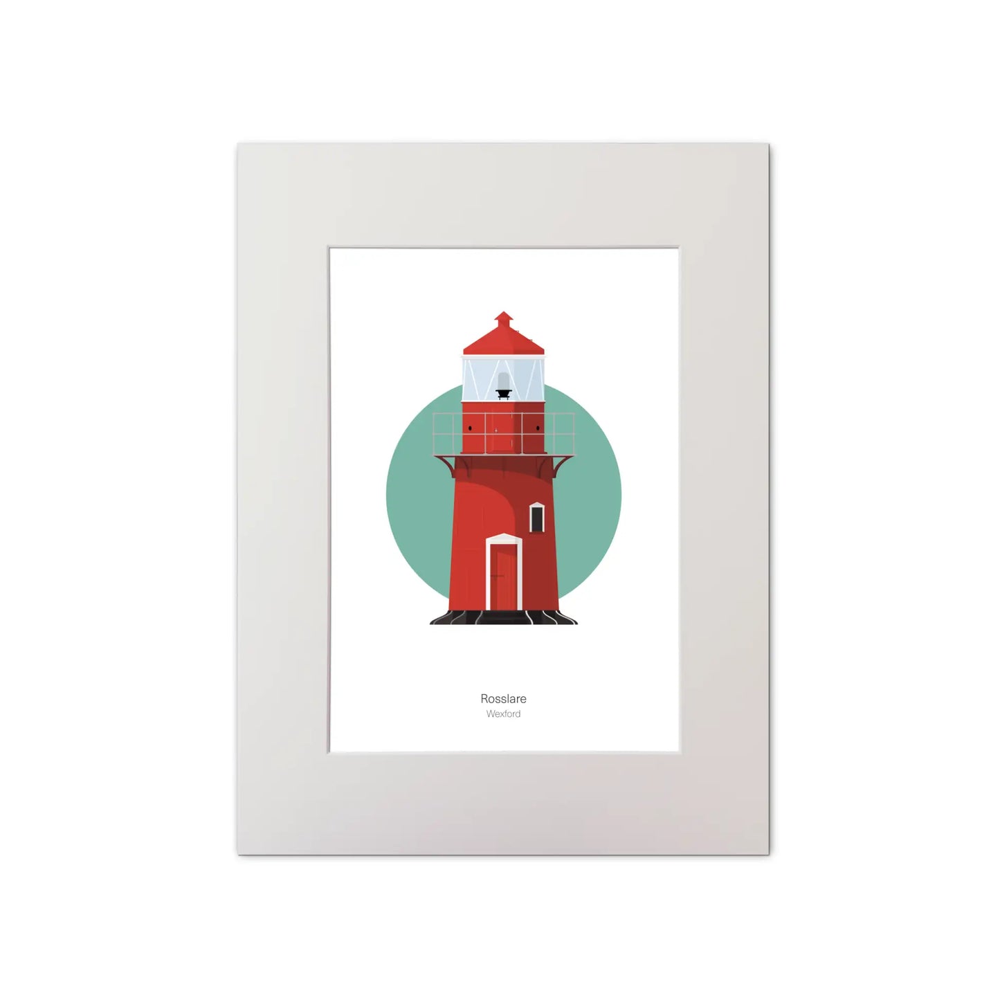 Illustration of Rosslare Harbour lighthouse on a white background inside light blue square, mounted and measuring 30x40cm.