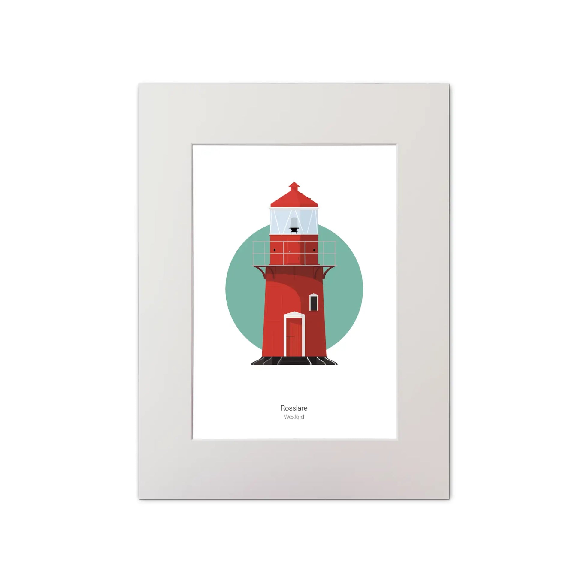 Illustration of Rosslare Harbour lighthouse on a white background inside light blue square, mounted and measuring 30x40cm.