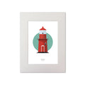 Illustration of Rosslare Harbour lighthouse on a white background inside light blue square, mounted and measuring 30x40cm.