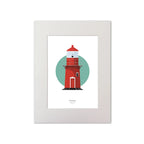 Illustration of Rosslare Harbour lighthouse on a white background inside light blue square, mounted and measuring 30x40cm.